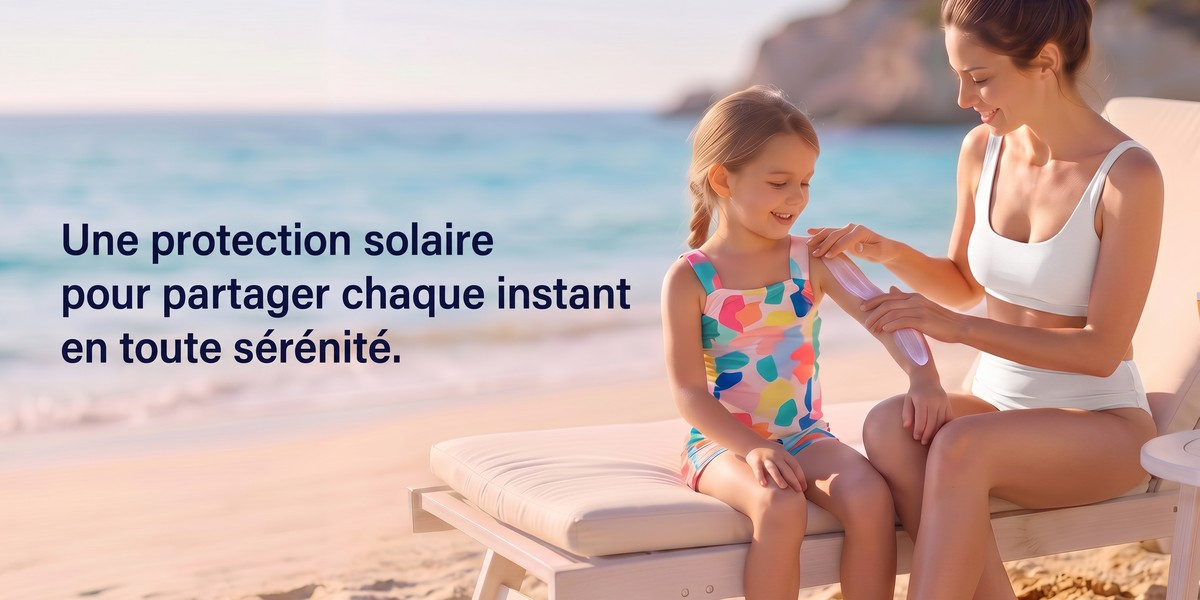 Protection solaire pour toute la famille Mère appliquant une protection solaire à sa fille sur la plage pour profiter du soleil en toute sérénité.