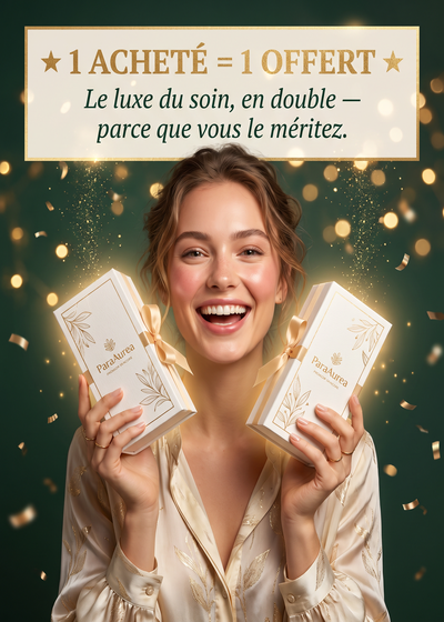 Femme souriante tenant deux coffrets cadeaux ParaAurea avec l’offre « 1 acheté = 1 offert ».