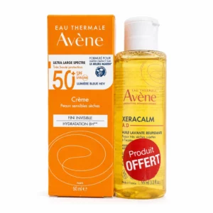 AVENE - SOIN SOLAIRE PEAUX PEAUX SENSIBLES SECHES SPF 50+ 50ML + XERACALM HUILE LAVANTE 100ML OFFERTE