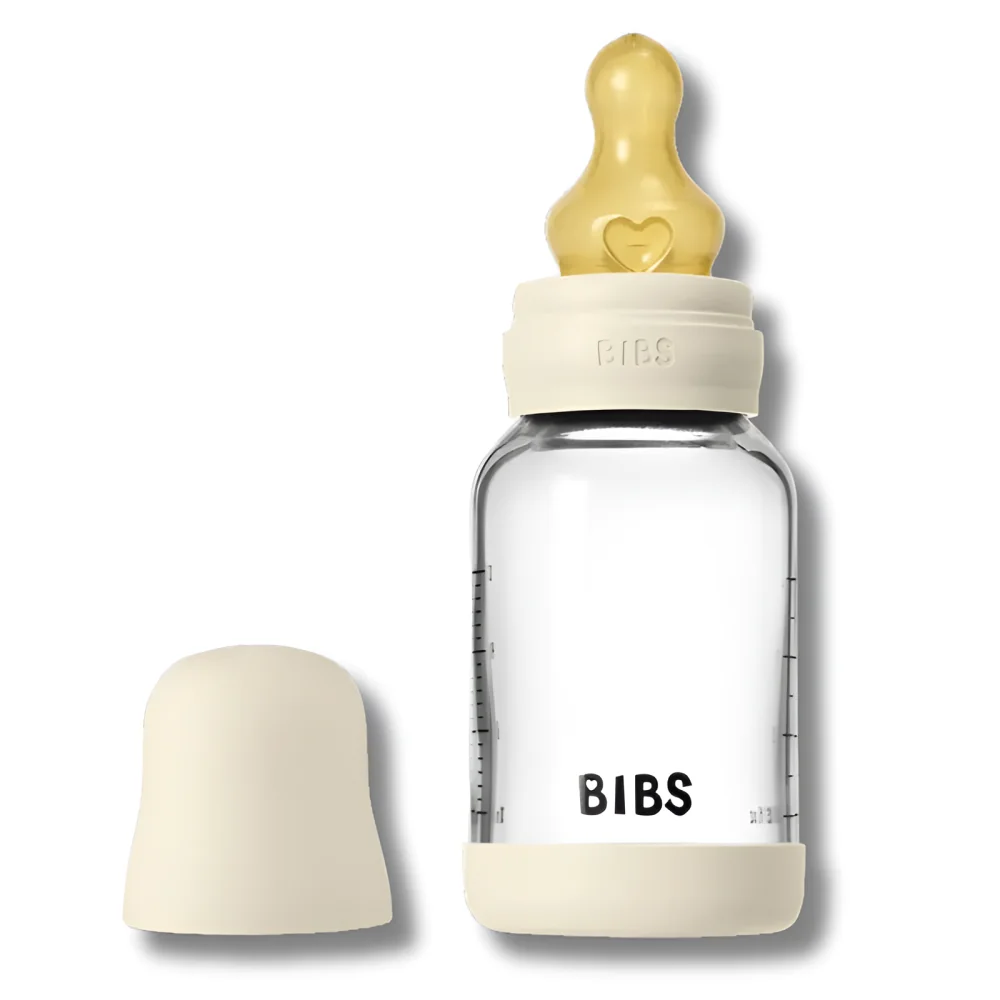 BIBS - BIBERON ROND 120 ML EN VERRE + TÉTINE EN LATEX DÉBIT LENT - IVORY