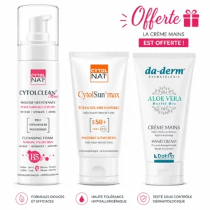 CYTOLNAT - ECRAN SOLAIRE INVISIBLE SPF50+ + MOUSSE NETTOYANTE PEAUX NORMALES A SECHES + DADERM CREME MAINS OFFERTE