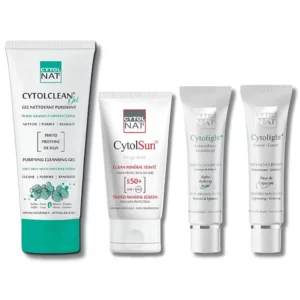 CYTOLNAT - PACK : GEL NETTOYANT PURIFIANT + ECRAN TEINTE BEIGE DORE + GEL ANTI TACHES + CREME ANTI TACHES