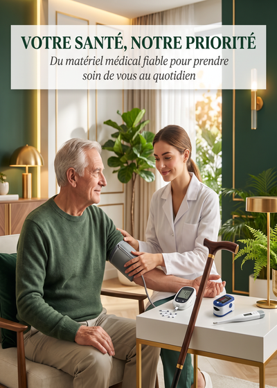 Professionnelle de santé mesurant la tension artérielle d’un homme âgé, avec du matériel médical posé sur une table.