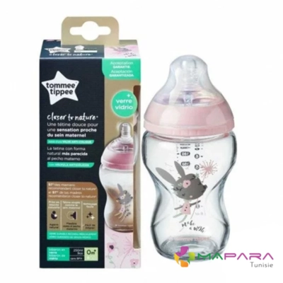 TOMMEE TIPPEE Close To Nature Biberon En Verre 0m+ 250ml Lapin Rose