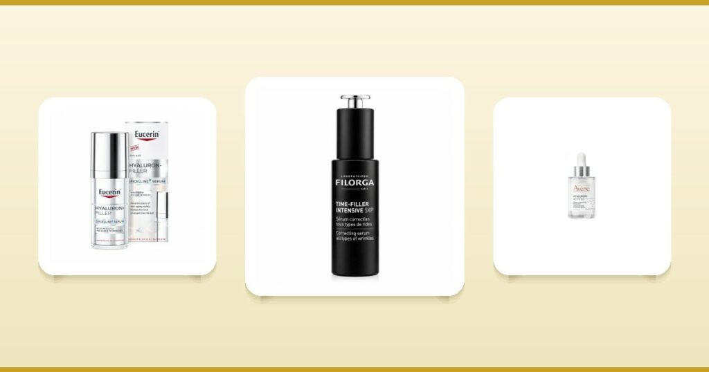 Sélection de sérums à l'acide hyaluronique Eucerin, Filorga et Avène disponibles sur ParaAurea