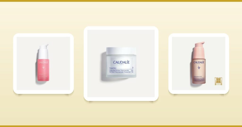 Soins Caudalie : sérum hyaluronique Vinohydra, crème anti-taches Vinoperfect et sérum liftant Resveratrol Lift sur ParaAurea