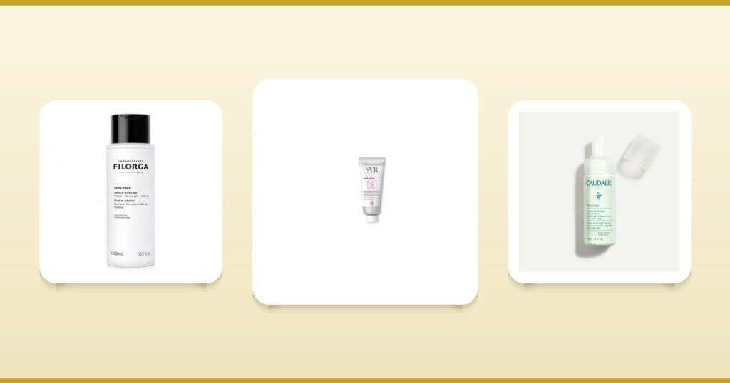 Produits de démaquillage Filorga Skin Prep, SVR Sensifine baume et Caudalie Vinoclean mousse sur ParaAurea