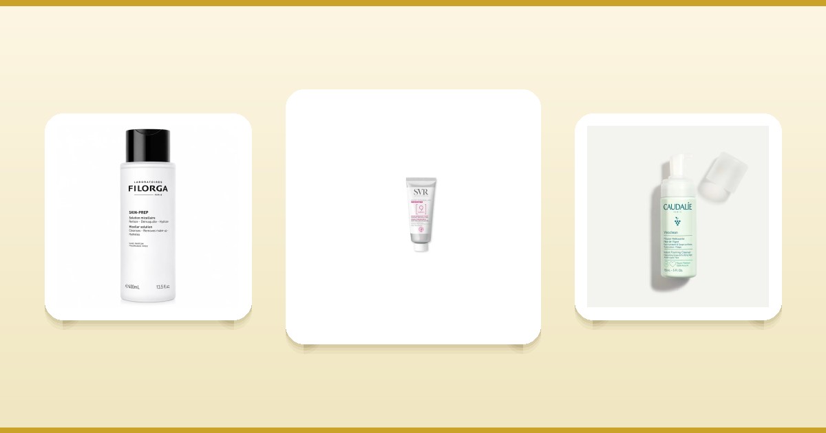 Produits de démaquillage Filorga Skin Prep, SVR Sensifine baume et Caudalie Vinoclean mousse sur ParaAurea