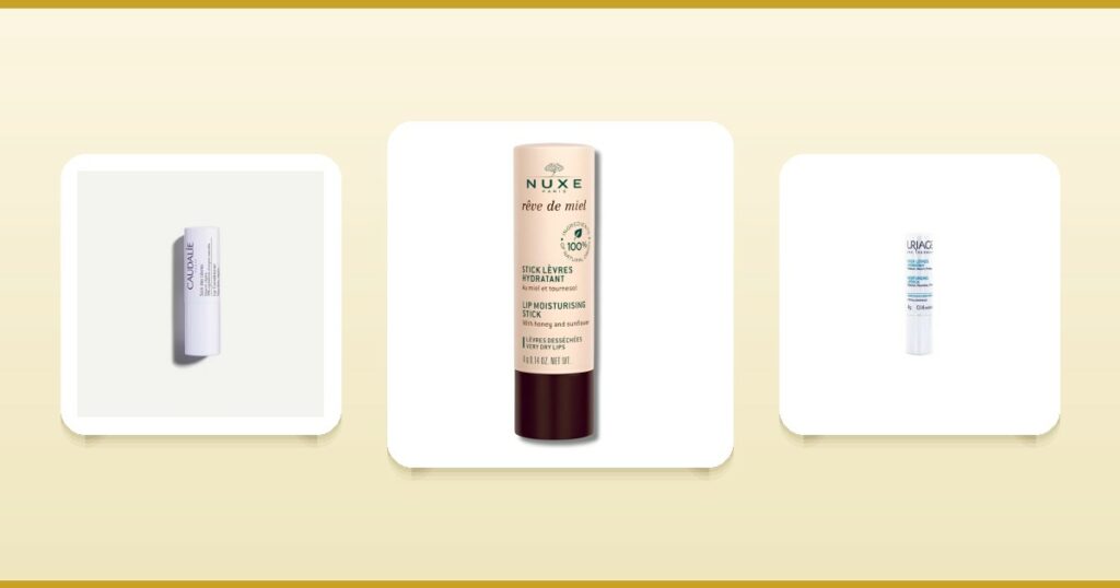 Soins des lèvres Caudalie Vinothérapist, Nuxe Rêve de Miel et Uriage stick lèvres sur ParaAurea
