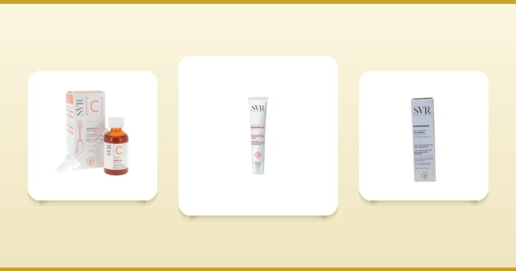 Soins SVR : Ampoule C anti-ox, Sensifine AR crème riche et Clairial crème taches brunes sur ParaAurea